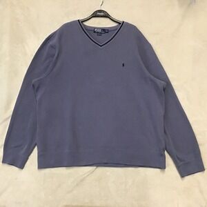 Polo Sweater Vintage 2XL Ralph Lauren Pima Cotton Pullover Blue V-Neck
